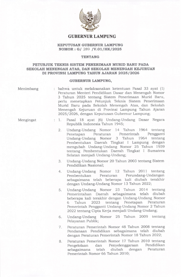 PETUNJUK TEKNIS SISTEM PENERIMAAN MURID BARU PADA SEKOLAH MENENGAH ATAS, DAN SEKOLAH MENENGAH KEJURUAN DI PROVINS! LAMPUNG TAHUN AJARAN 2025/2026